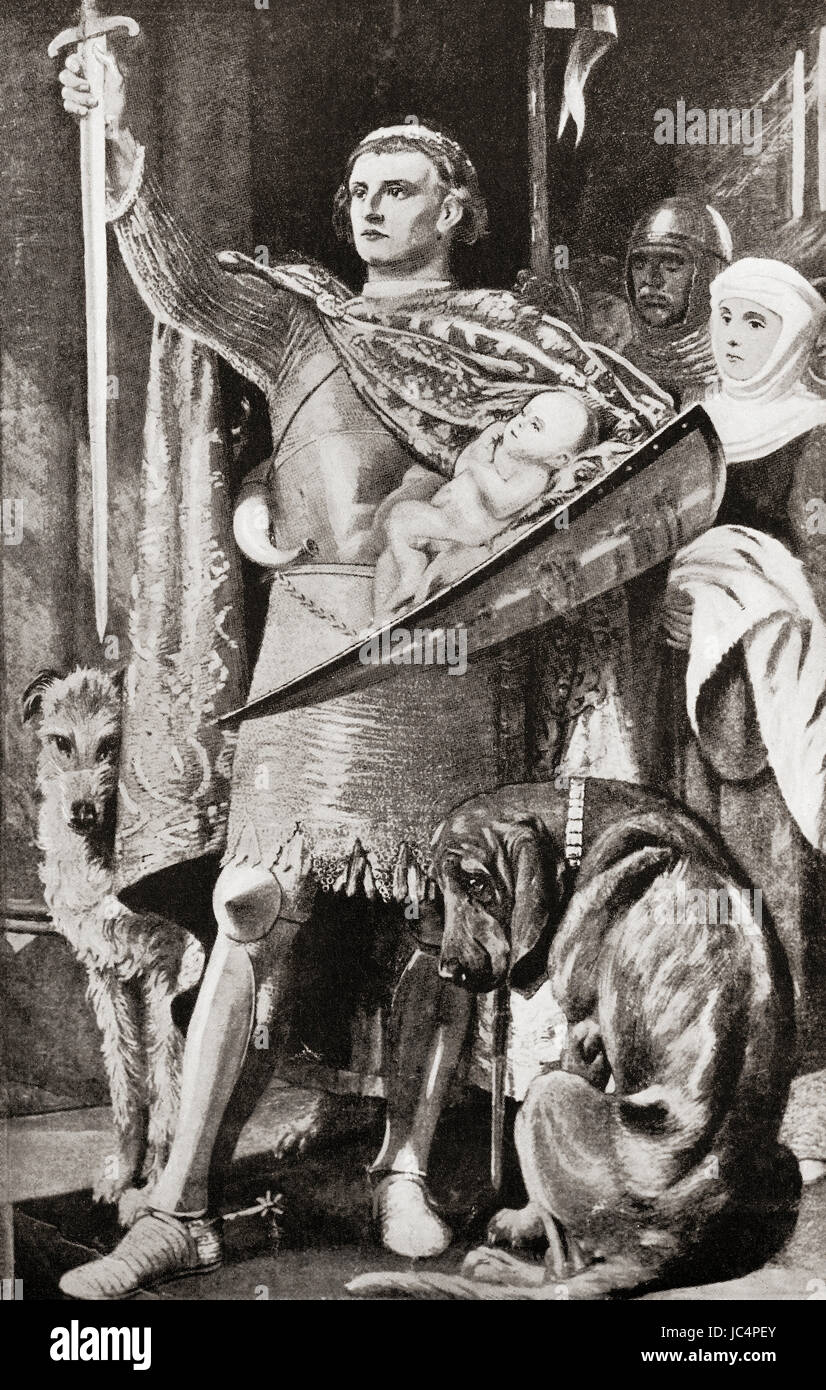 Édouard Ier d'Angleterre qui présente son fils nouveau-né comme le futur premier Prince de Galles à la nation galloise en 1284. Édouard I, 1239 - 1307, alias Edward Longshanks et le marteau de l'Écossais. Roi d'Angleterre. Prince de Galles, futur Édouard II, 1284 - 1327, alias Edward de Caernarfon, roi d'Angleterre. L'histoire de Hutchinson de l'ONU, publié en 1915. Banque D'Images