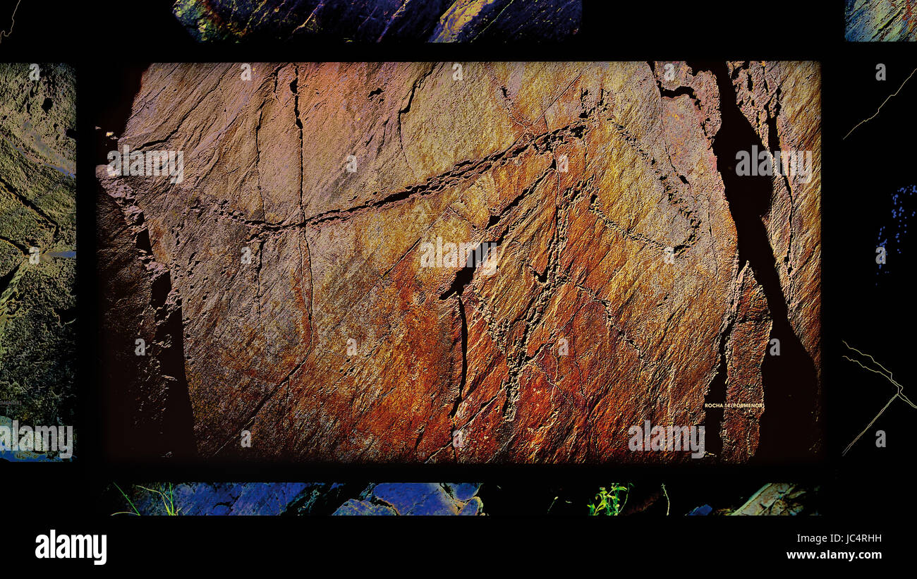 Panneau numérique à l'intérieur du Musée de l'aco montrant la gravure du paléolithique d'un cheval 'Cavalo da Rocha 14' au Canada do Inferno Banque D'Images