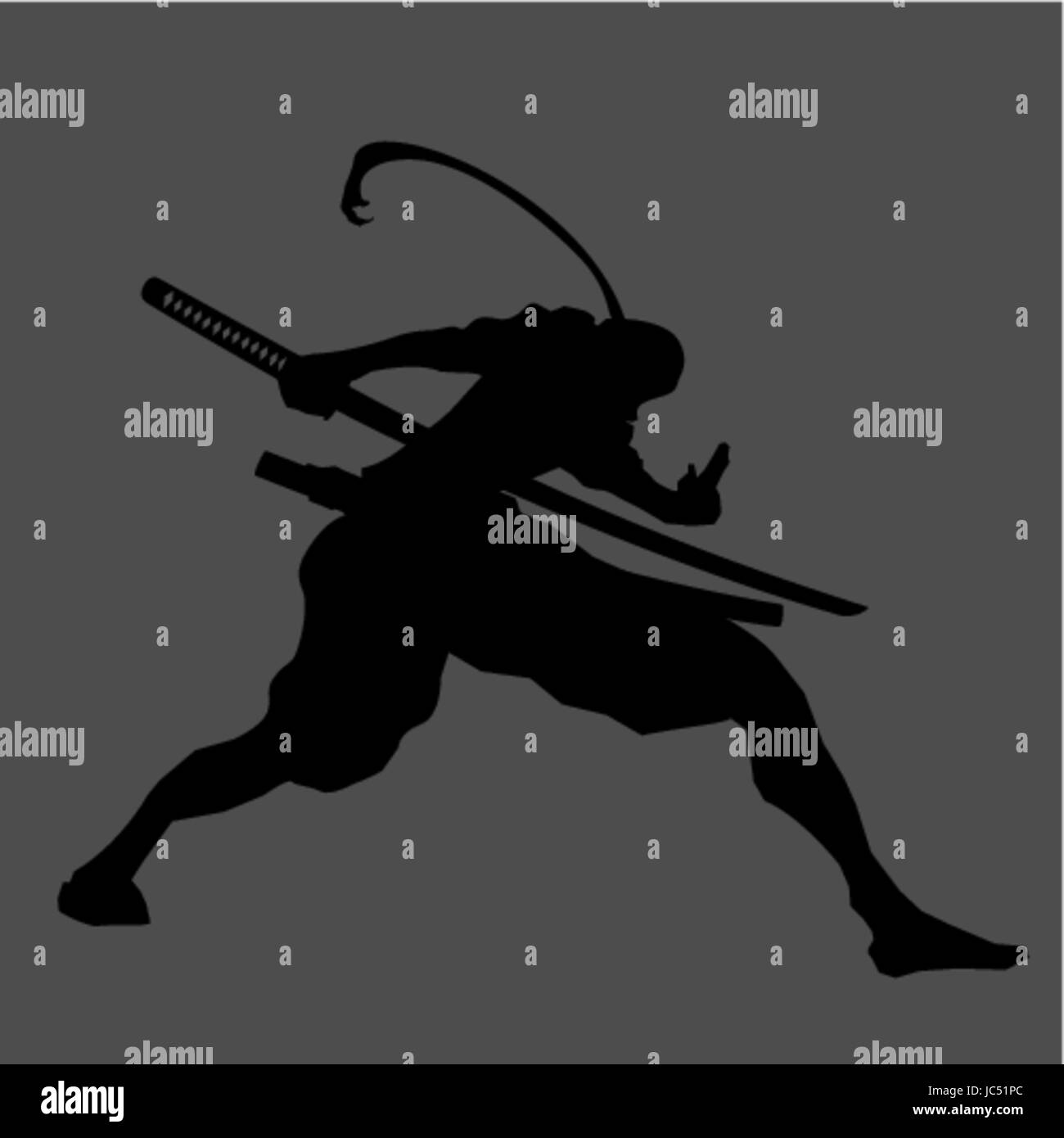 Samouraï ninja assassin silhouette shinobi de l'ombre katana Épée arme tattoo poser noir gris japon vieux Slayer antique style légende art Illustration de Vecteur