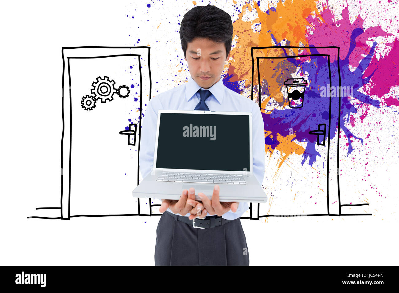 Image composite de portrait of a young businessman showing a laptop Banque D'Images