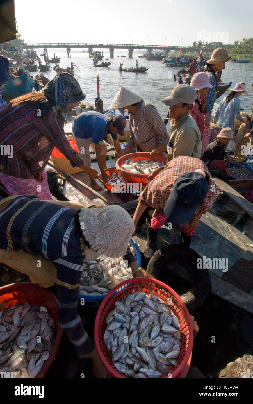 Les femmes achètent le poisson de la pêche et les bateaux qui arrivent tôt le matin au marché aux poissons, sur la rivière Thu Bon, dans la ville ancienne et historique de Hoi An, Vietnam Banque D'Images