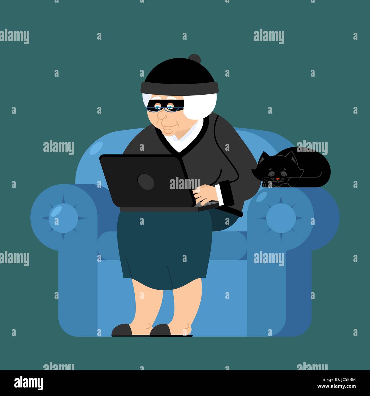 Grand-mère pirate est assis sur un fauteuil avec ordinateur portable et chat. grand-mère est programmeur voleur. internet la sécurité informatique. Vieille Femme et PC Illustration de Vecteur