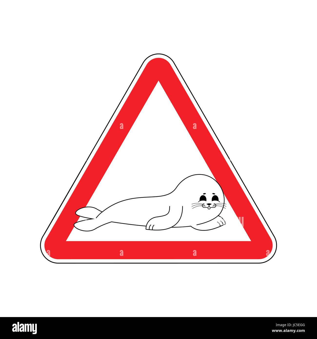 Attention Fur Seal. Attention petit veau de mer. Triangle rouge road sign Illustration de Vecteur