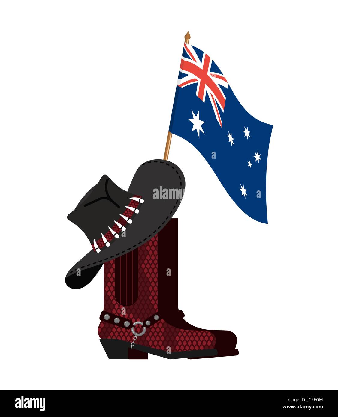 Drapeau de l'Australie et Australian hat et bottes en peau de crocodile.  Chapeau de cow-boy et des chaussures en cuir de python. Les vêtements  occidentaux et rodeo chaussure Image Vectorielle Stock -