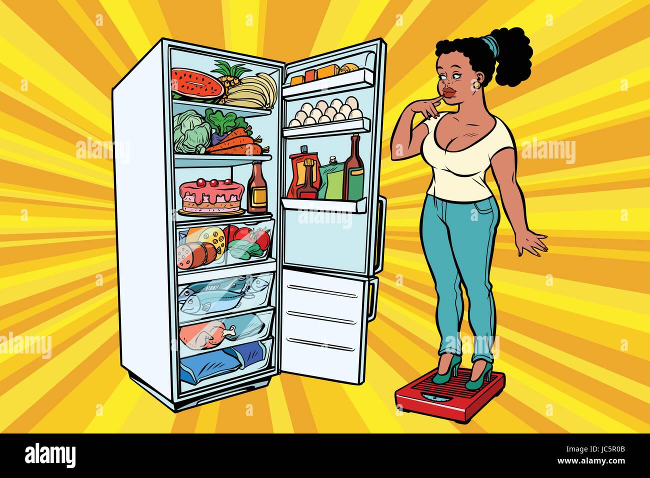 Jeune femme sur les écailles, se tenir à côté du réfrigérateur avec de la nourriture. Le régime alimentaire et la perte de poids, les personnes grosses. Un mode de vie sain. Peuple afro-américain. Comic Illustration de Vecteur