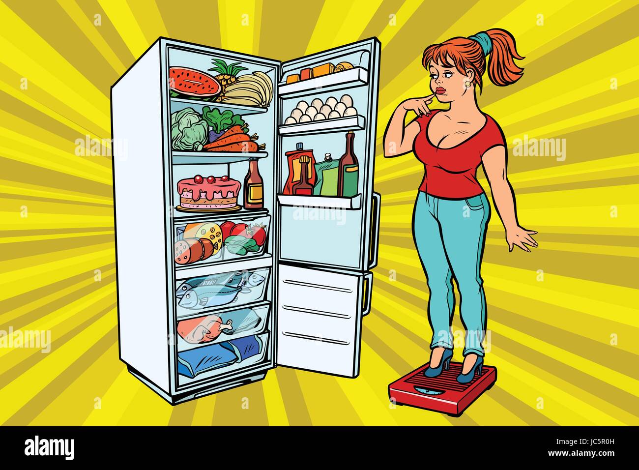 Jeune femme sur les écailles, se tenir à côté du réfrigérateur avec de la nourriture. Le régime alimentaire et la perte de poids, les personnes grosses. Un mode de vie sain. Comic cartoon style pop art re Illustration de Vecteur