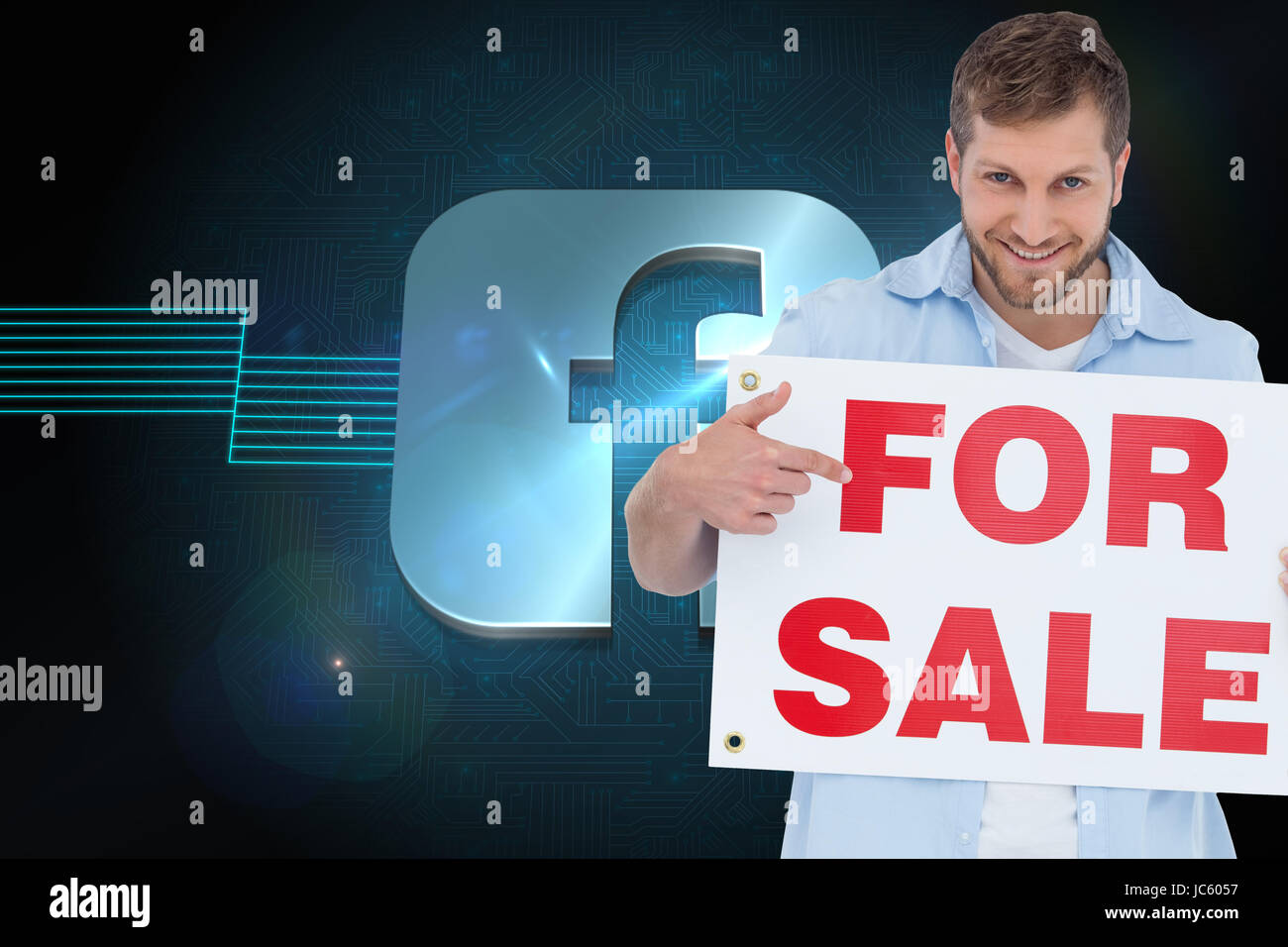 Composite image of model holding a for sale sign Banque D'Images
