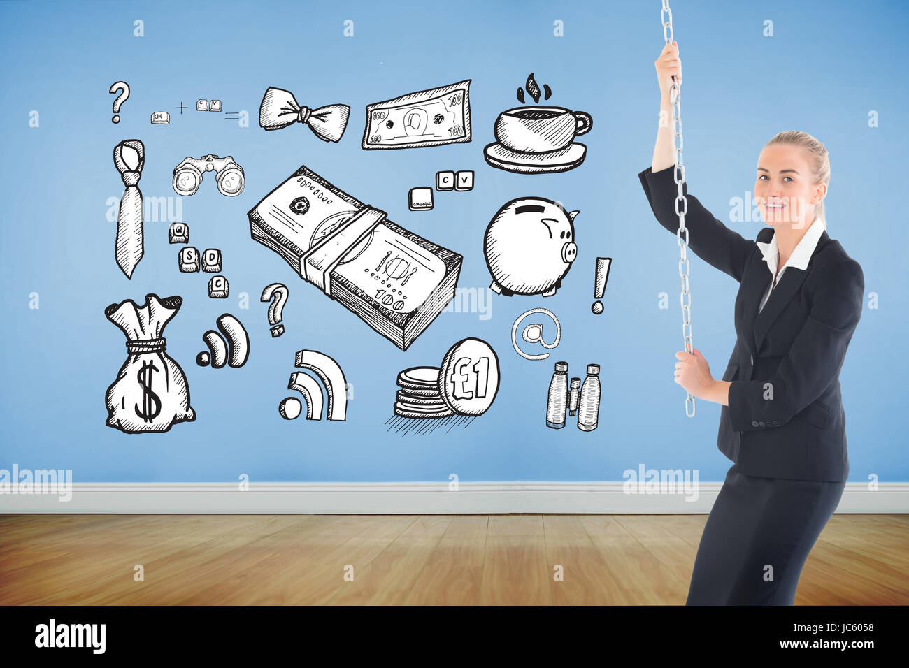 Image composite de blond businesswoman pulling une chaîne Banque D'Images