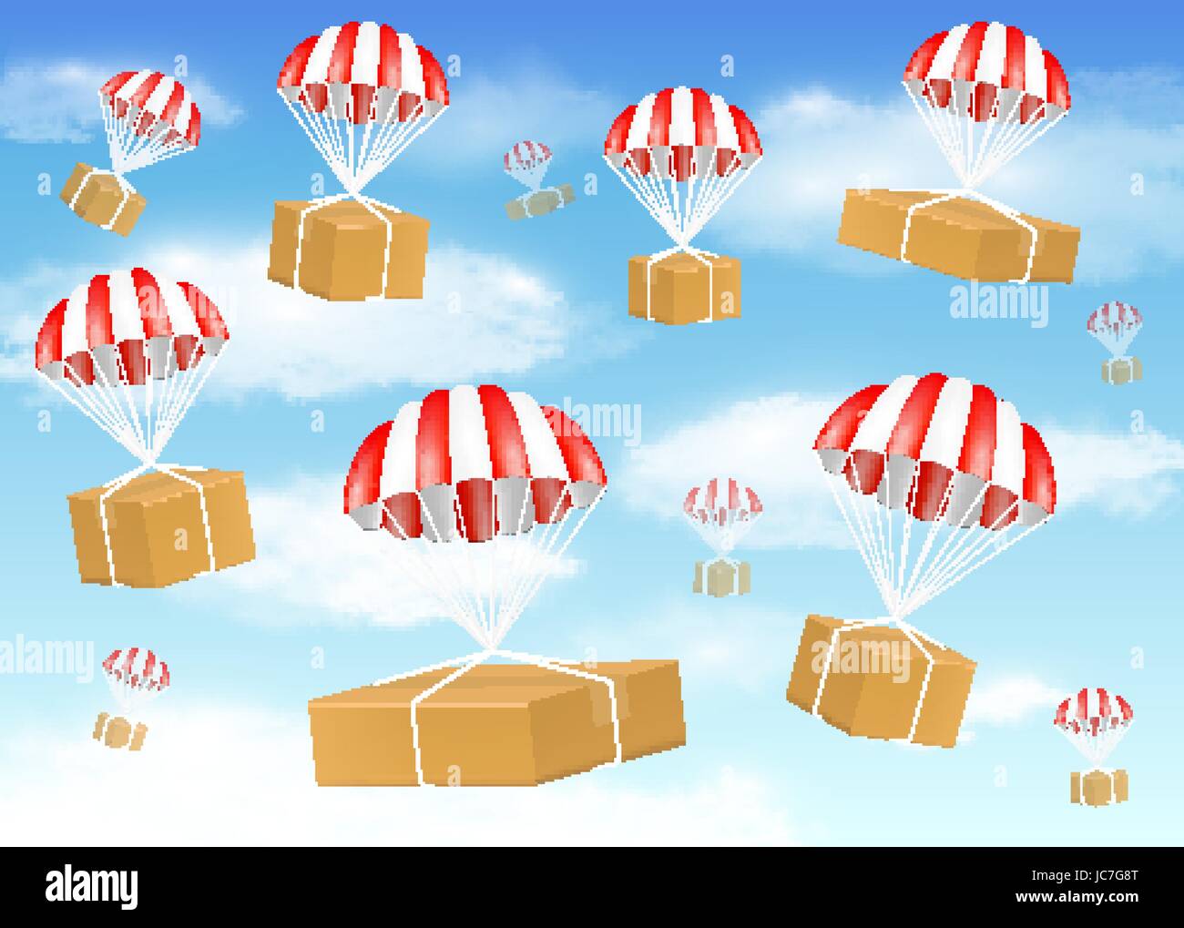 Groupe d'emballage en carton avec parachute sur sky Illustration de Vecteur