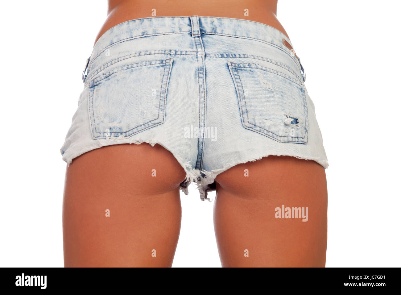 Femme sexy body en jean short isolé sur fond blanc Banque D'Images