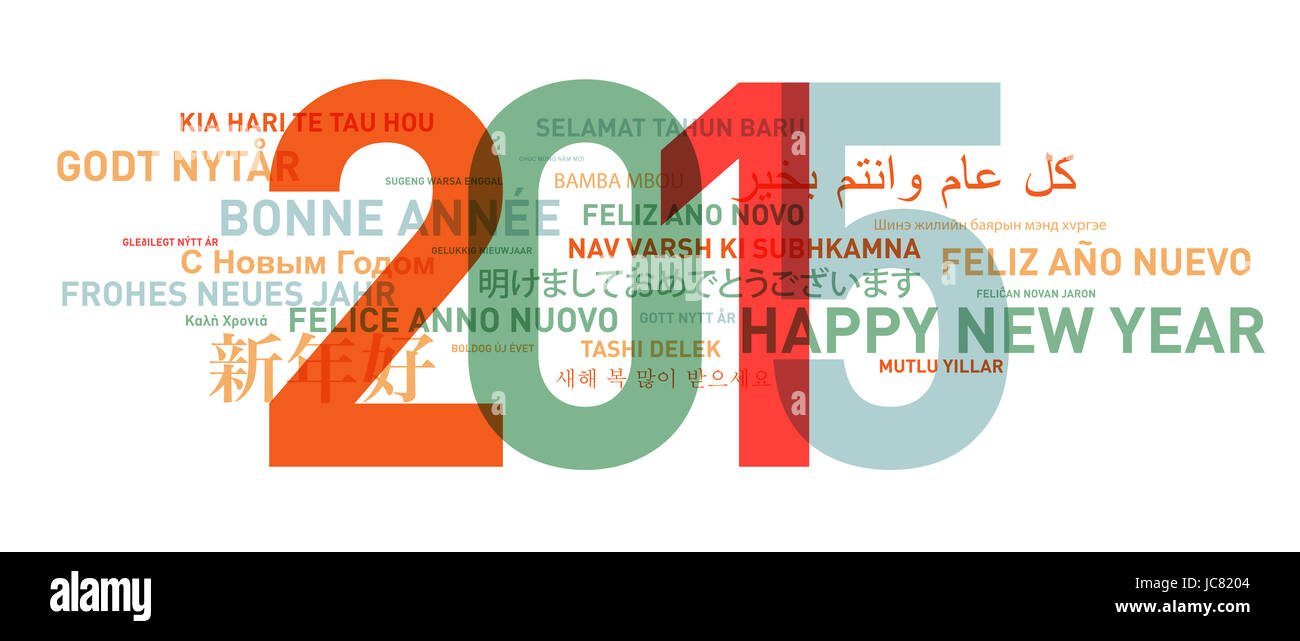 Bonne année de la part du monde. Carte de célébration des langues différentes Banque D'Images