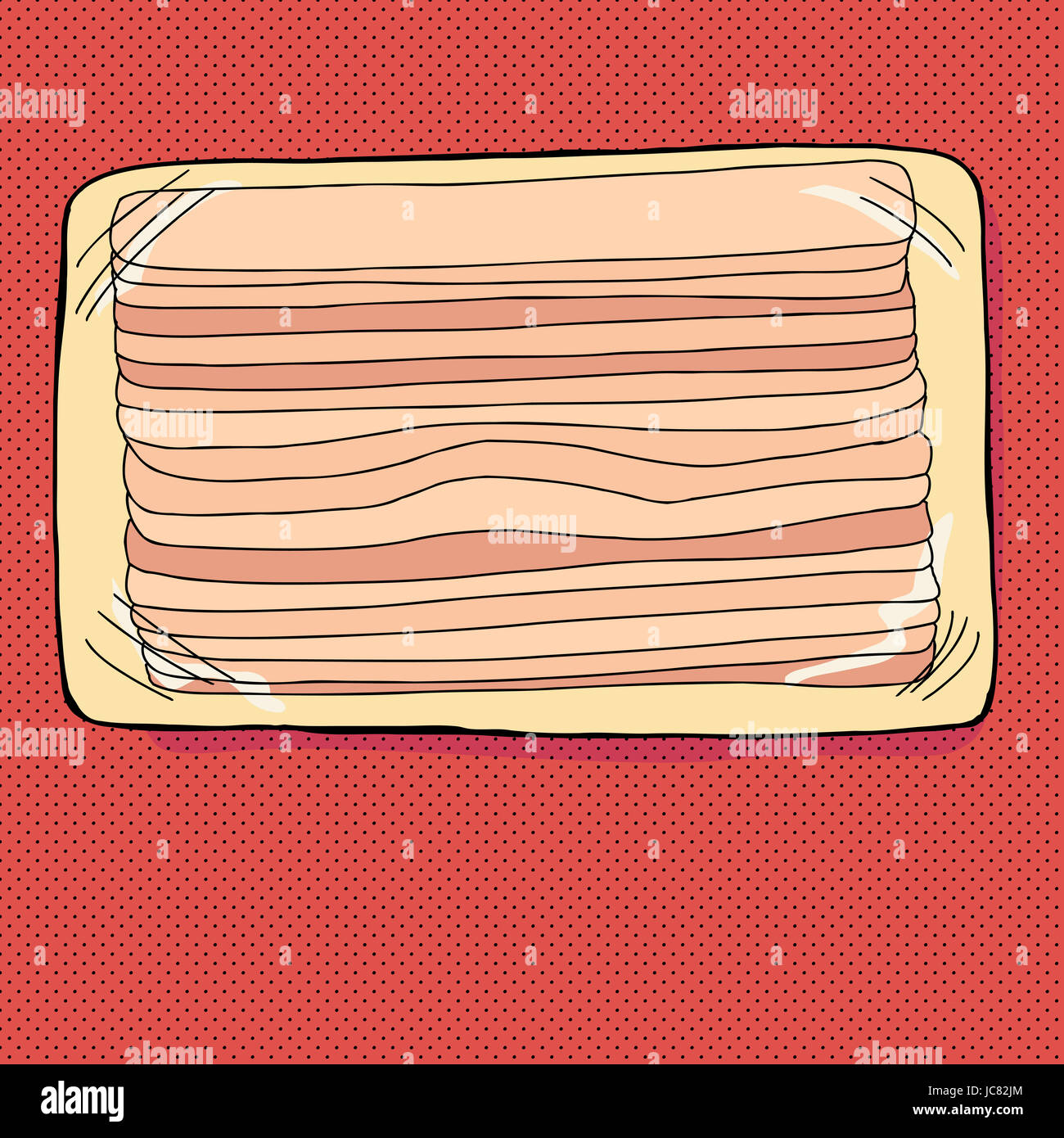 Paquet de bacon dessiné à la main sur fond rouge Banque D'Images
