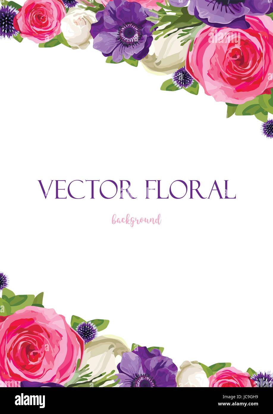 Fleurs lumineuses fleurs Anémone rose rose feuilles de chardon beau joli bouquet Printemps Été vector illustration.top view élégant Vertical Aquarelle Illustration de Vecteur