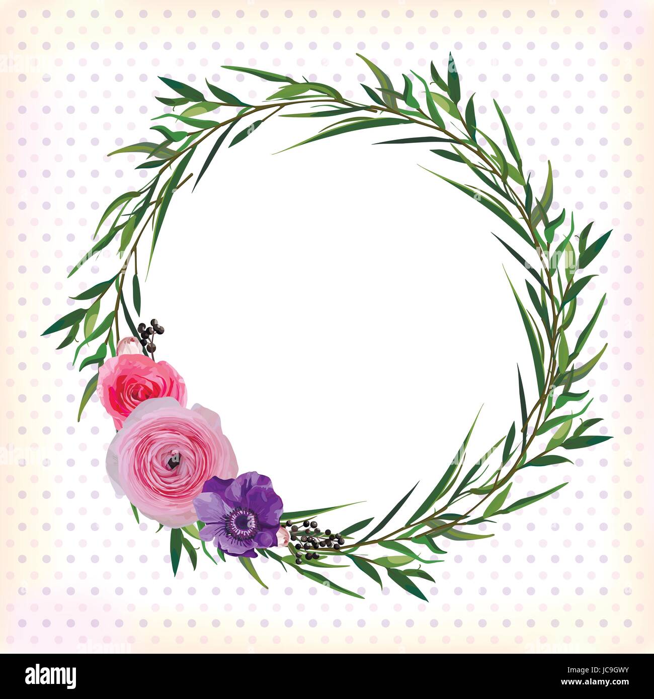 Cercle fleur fleurs couronne ronde violet rose rose Renoncule Anémone feuille d'eucalyptus magnifiques belles baies élégant bouquet printemps été watercol Illustration de Vecteur