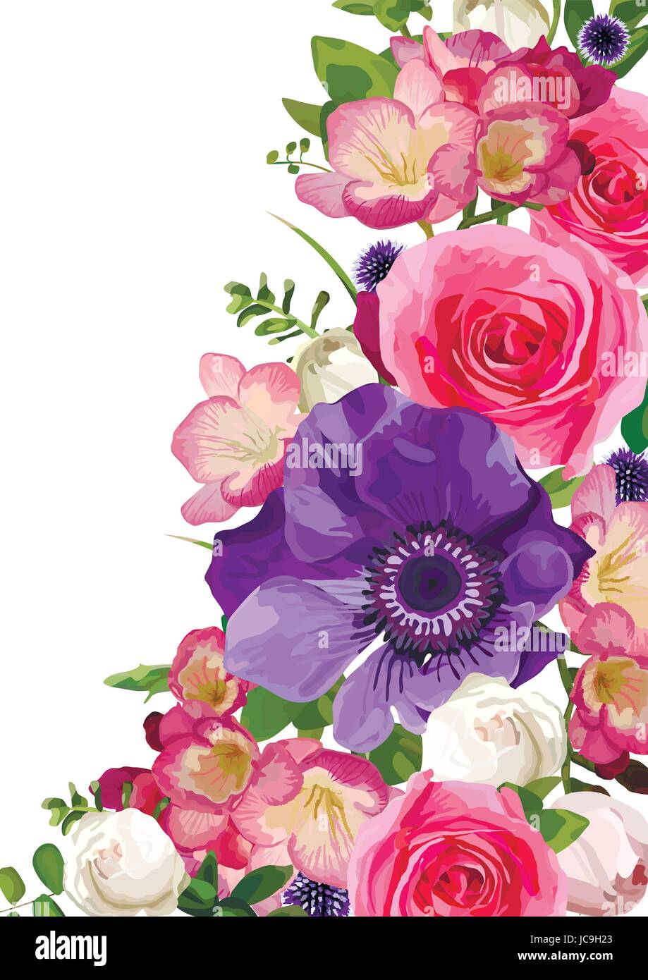 Fleurs lumineuses fleurs Anémone Rose rose feuilles de chardon beau joli bouquet printemps été vector illustration.top view square élégant watercol Illustration de Vecteur