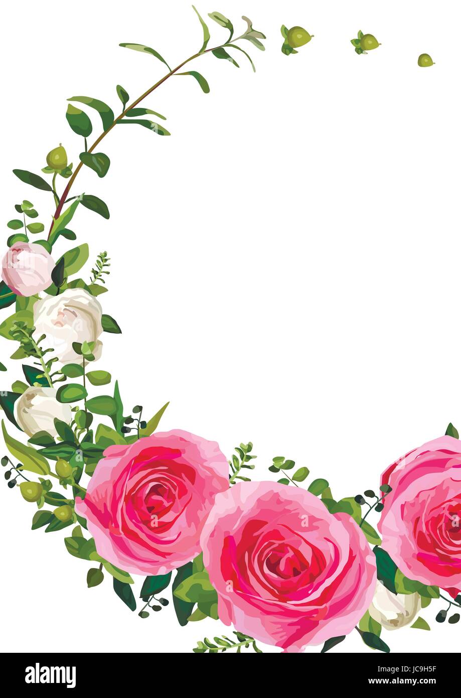 Couronne de fleurs roses fleurs feuilles rose belle Jolie bouquet printemps été vector illustration. Vue supérieure élégante conception verticale aquarelle blanc b Illustration de Vecteur