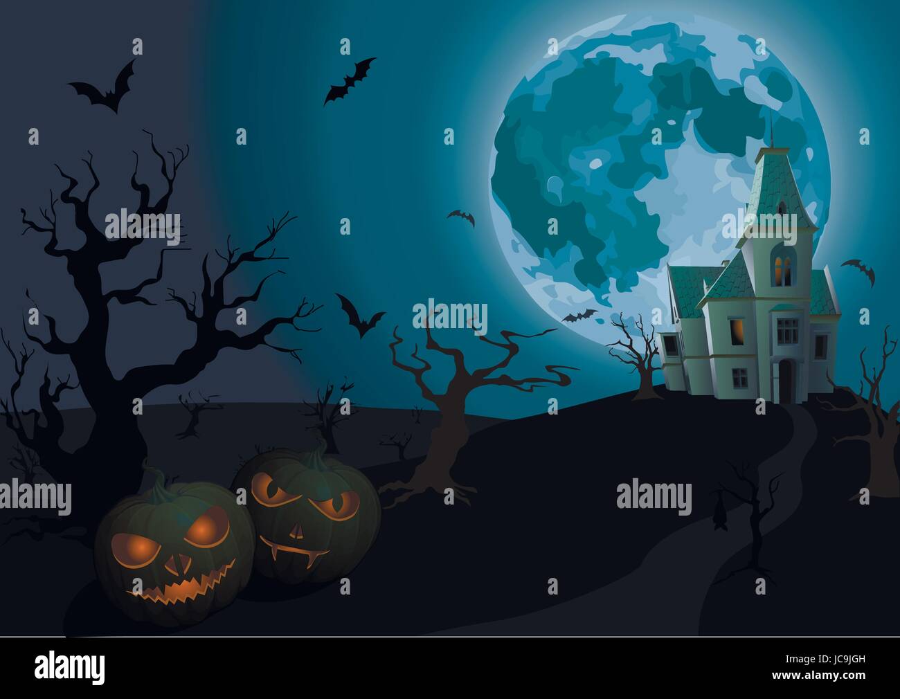 Soir de l'Halloween : pleine lune magnifique château chateau, citrouilles sculptées à l'intérieur lumière arbres noir bat. rearmouse Gros plan sur le côté vertical vecteur tr Illustration de Vecteur