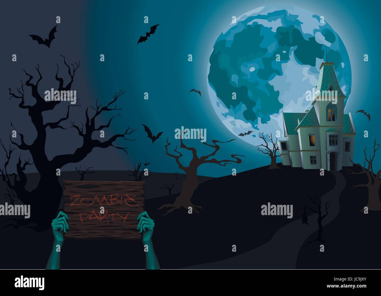 Soir de l'Halloween : lune magnifique château chateau zombie hands holding vieille planche en bois avec partie texte rearmouse arbres effrayant bat. Horizontal vecteur clos Illustration de Vecteur