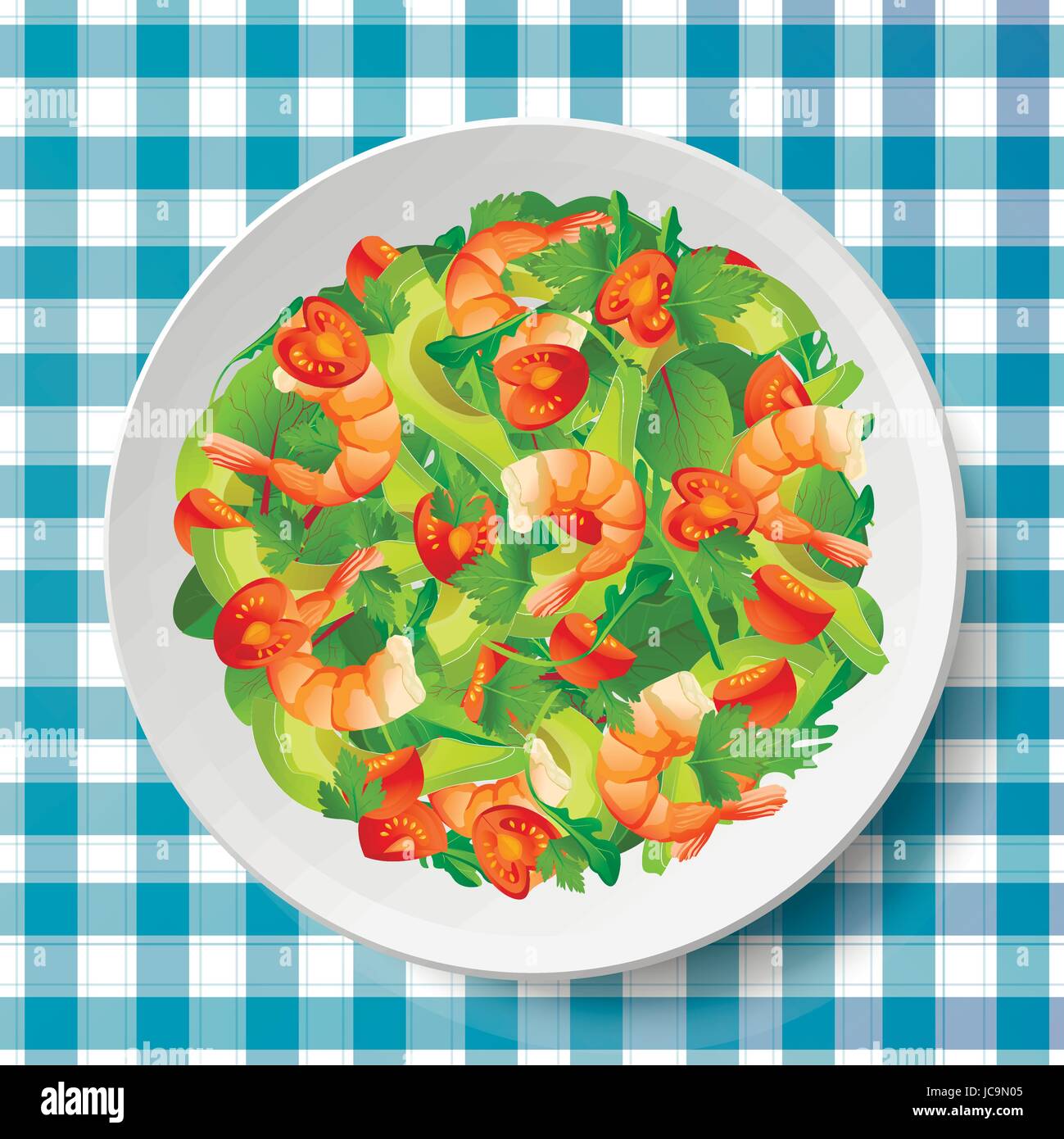 Salade aux crevettes, avocat, tomate fraîche, de roquette ou rucola, roquette, épinards, feuilles de mangold sur la plaque ou le plat sur nappe bleu-blanc. B Illustration de Vecteur