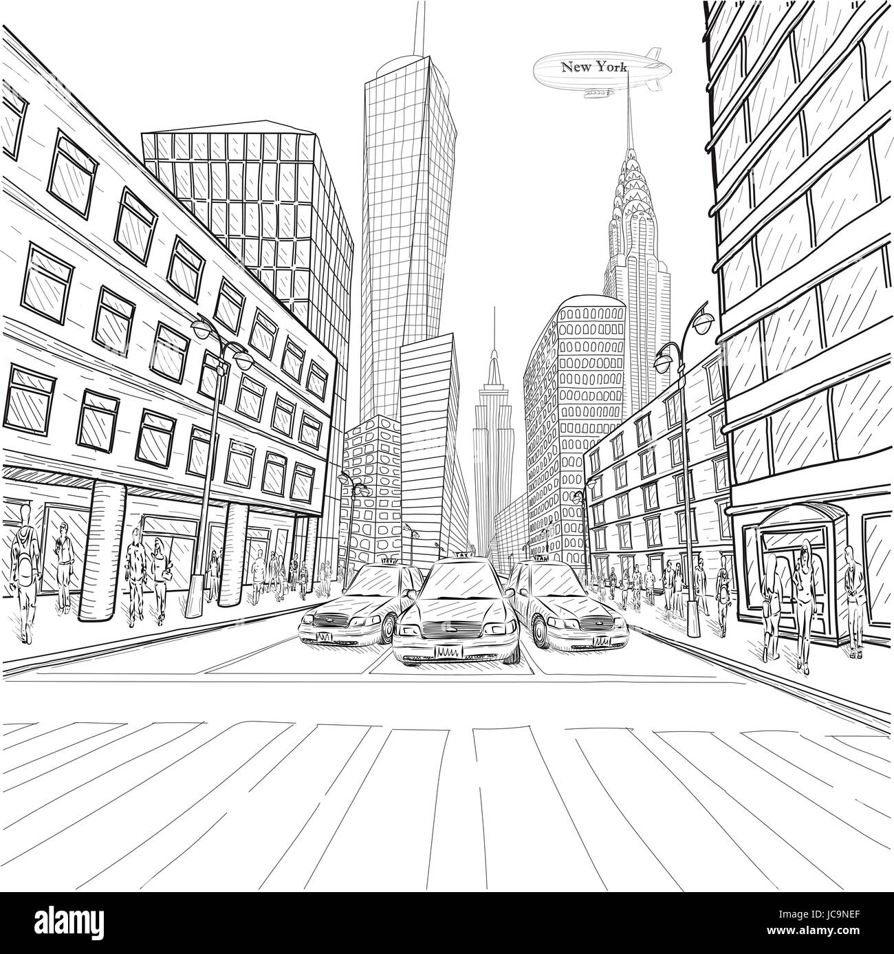 Londres New York Empire State building Chrysler Building city taxi paysage cars car les gens de la rue libre vecteur silhouette belle ligne noir outl Illustration de Vecteur