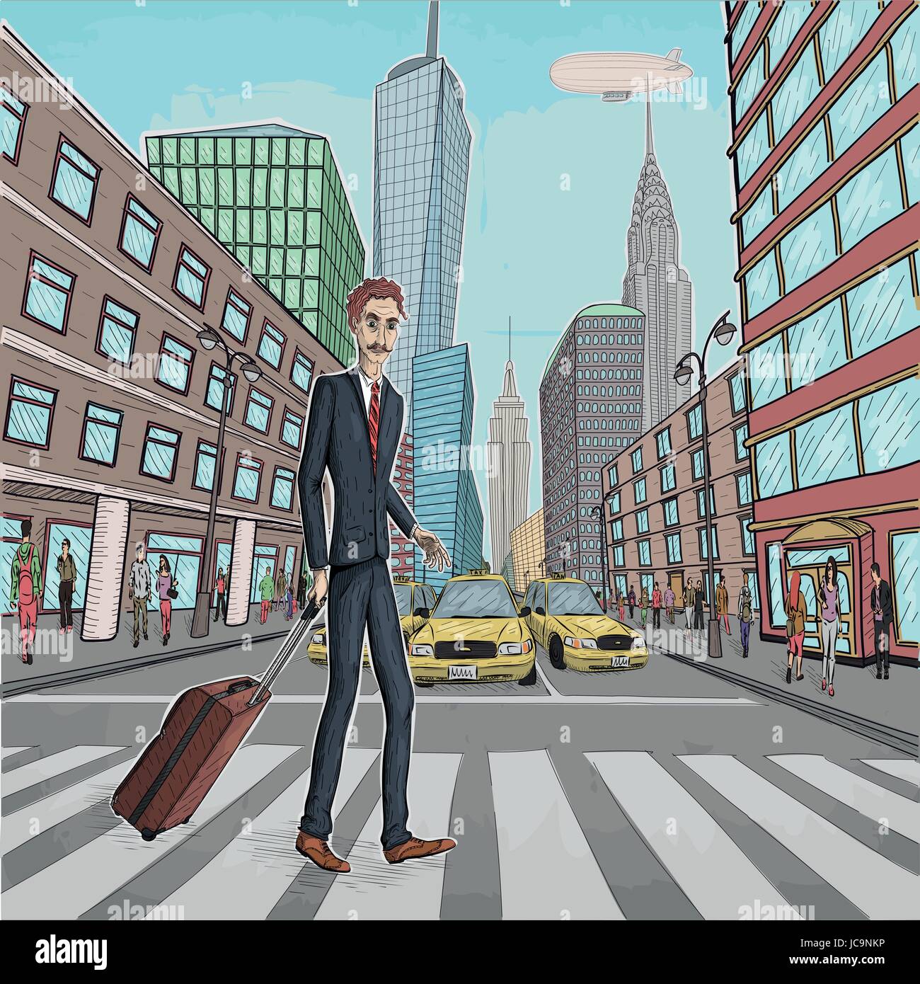 Vector retro vintage belle illustration dessin de bâtiment de New York city taxi paysage voitures street business men walking avec sac Illustration de Vecteur