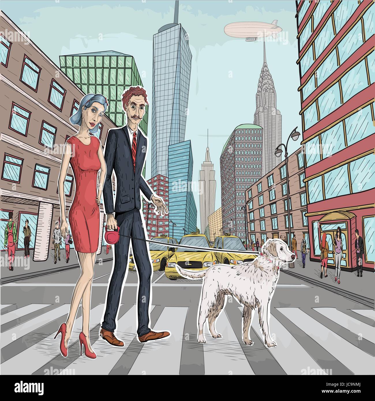 Vector illustration de belle femme fille et les hommes couple amoureux marcher avec chien labrador blanc animal sur New York city street Illustration de Vecteur