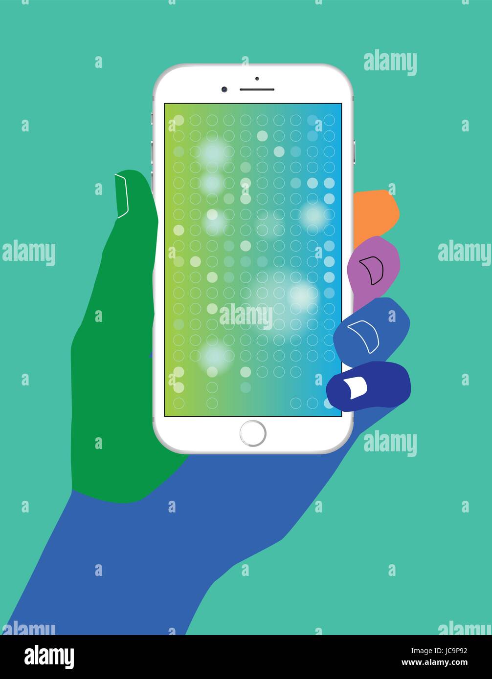 Multicultural colorful hand holding smartphone Illustration de Vecteur