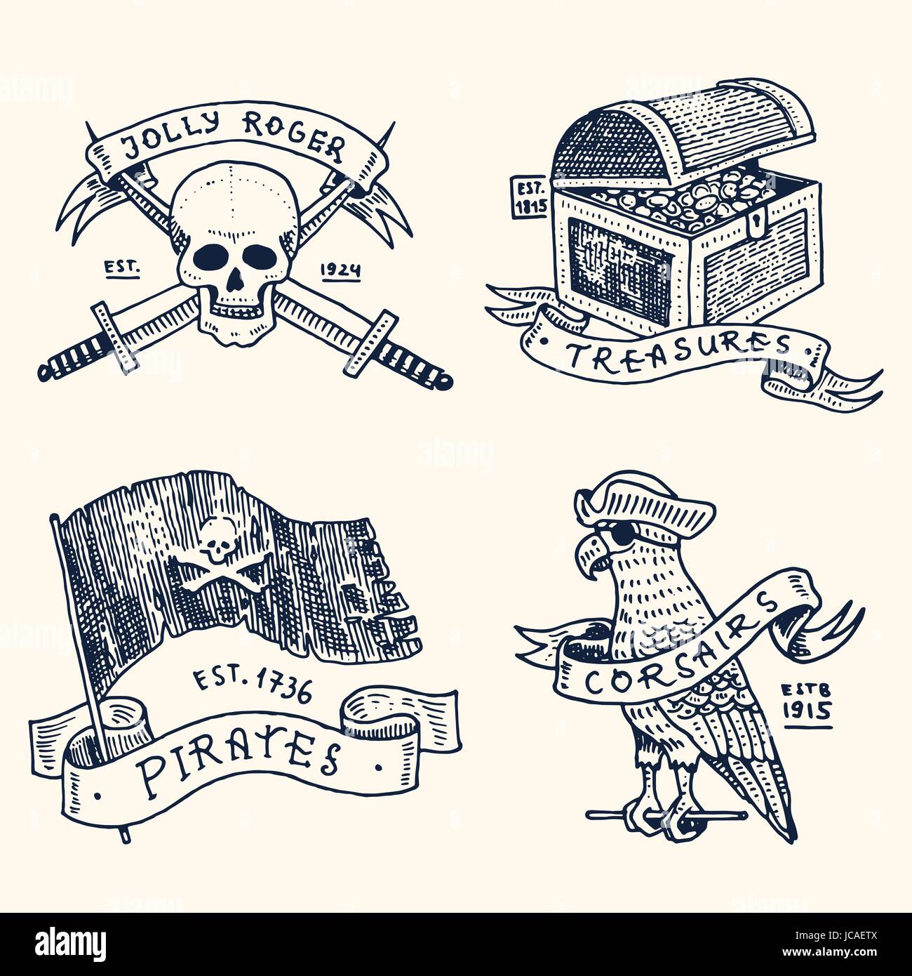 Ensemble de gravés, dessinés à la main, vieux, ou étiquettes de corsaires, le crâne avec des épées, la poitrine avec de l'or, drapeau, Parrot. Jolly roger, de trésors. Pirates et marines ou nautique mer des Caraïbes, l'océan emblèmes. Illustration de Vecteur