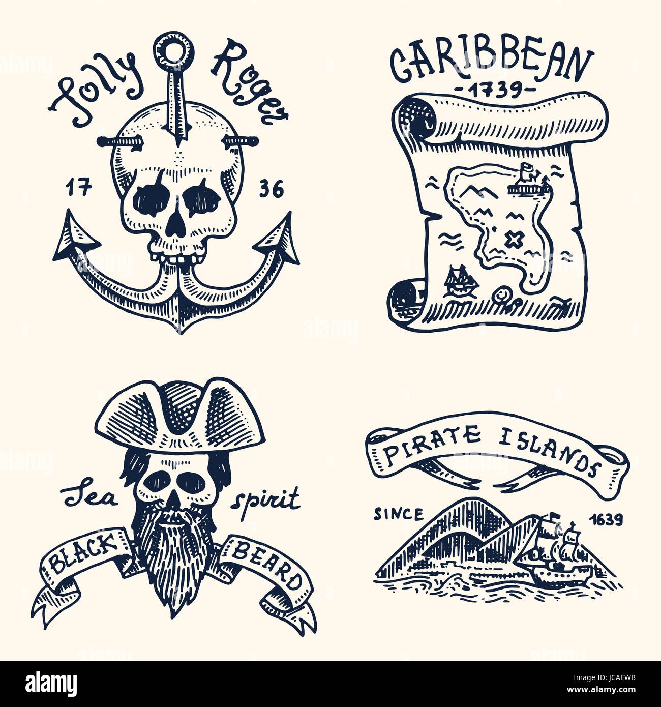Ensemble de gravés, dessinés à la main, vieux, ou étiquettes de corsaires, le crâne à l'ancre, la carte de trésor, Barbe noire, île des Caraïbes. Jolly Roger. Pirates et marines ou nautique mer, emblème de l'océan. Illustration de Vecteur