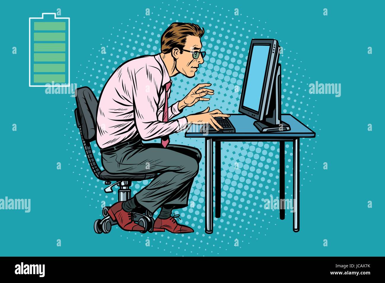 L'énergie pour travailler, office Caucasian businessman à l'ordinateur. Pop art retro vector illustration Illustration de Vecteur