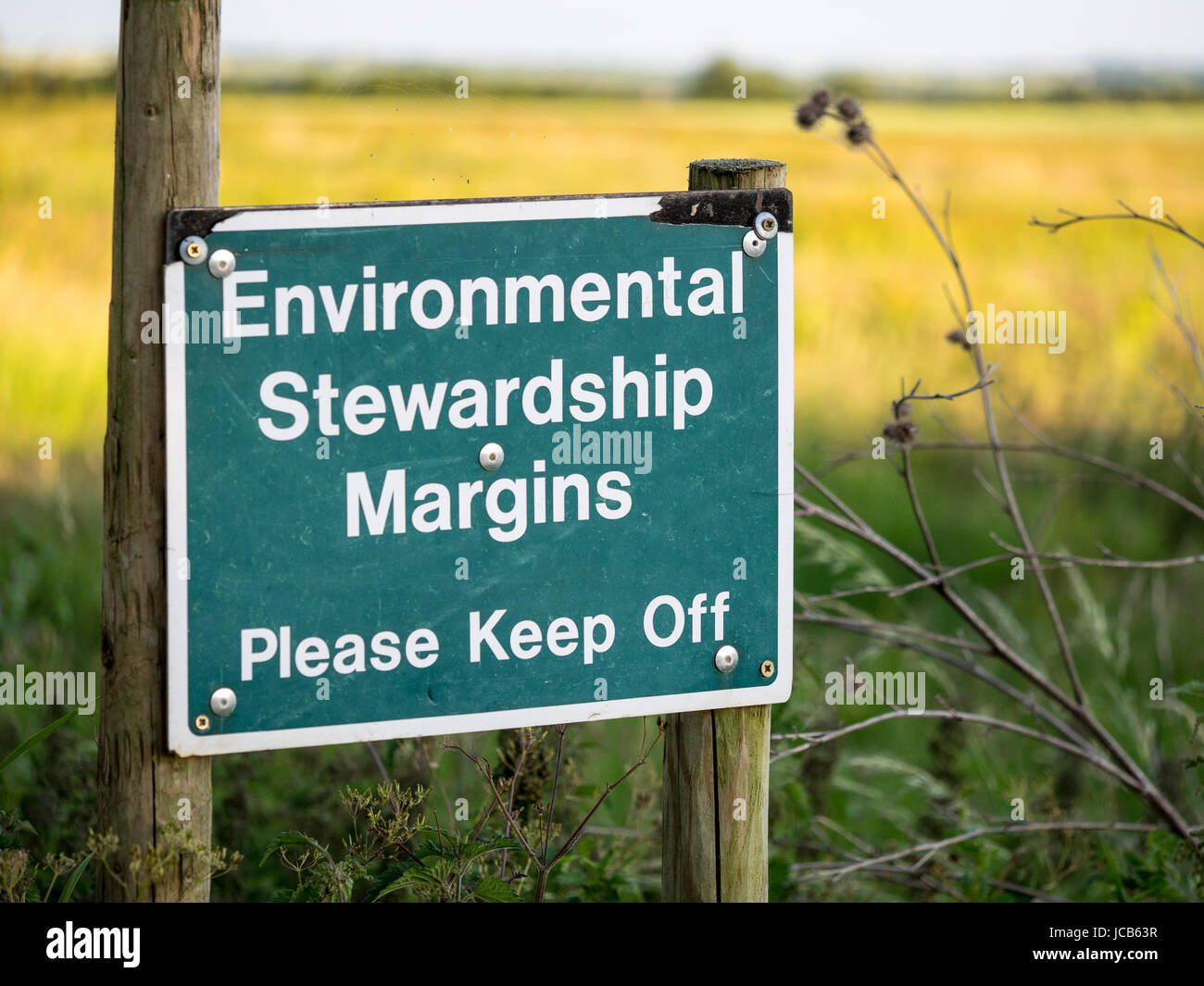Panneau indiquant les marges de champs sont gérées pour le bénéfice de la faune et l'environnement en vertu des règles de l'UE/Defra Banque D'Images