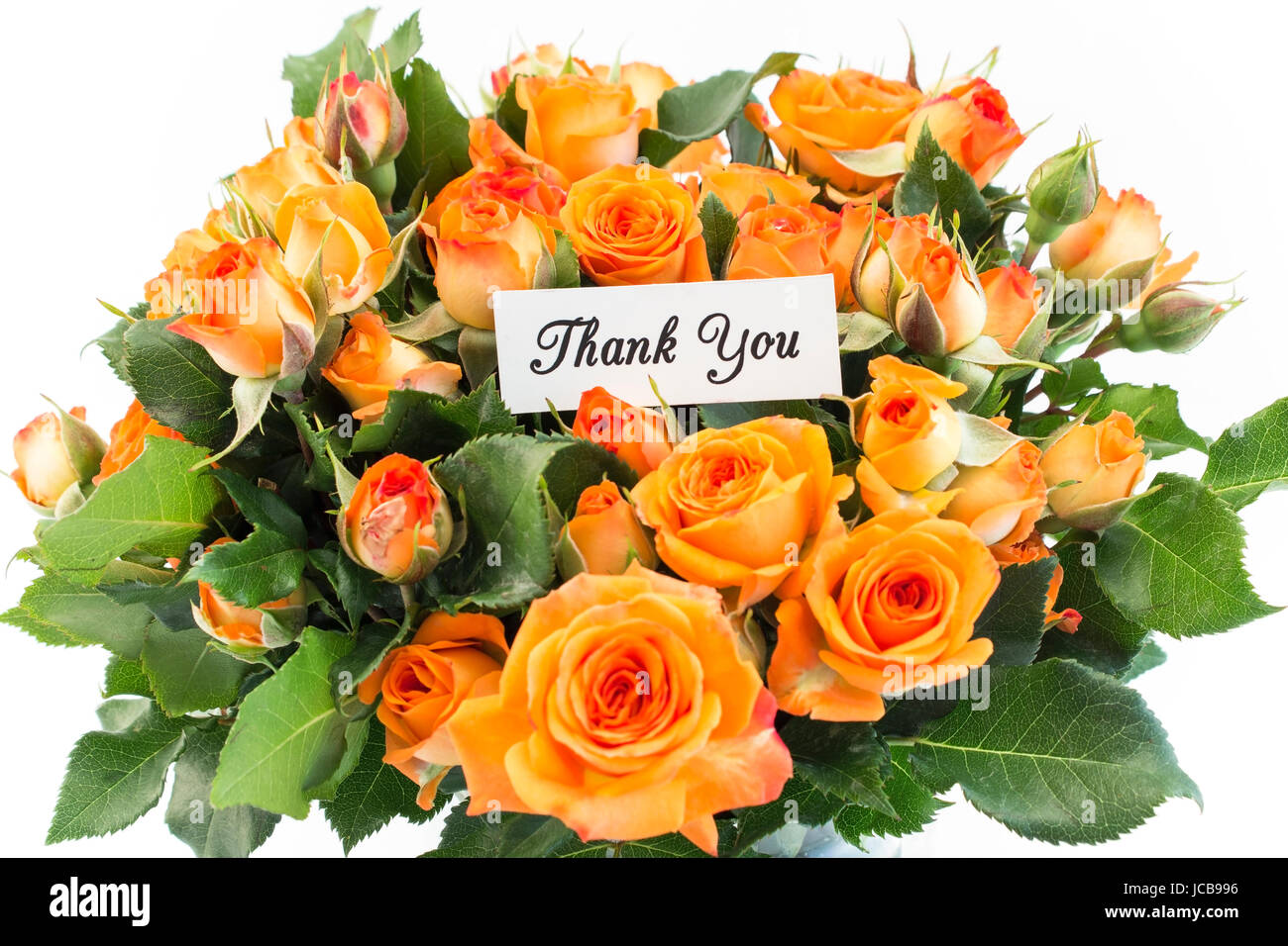 Carte de remerciement avec bouquet de roses orange sur un fond blanc. Banque D'Images