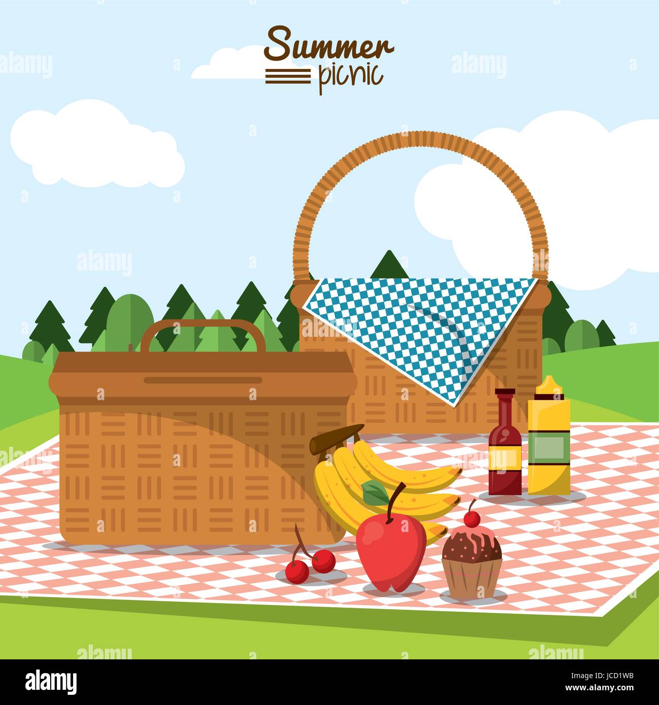 Affiche en couleurs de l'été avec pique-nique et deux paysage terrain de panier  pique-nique, nappe avec des fruits et desserts Image Vectorielle Stock -  Alamy