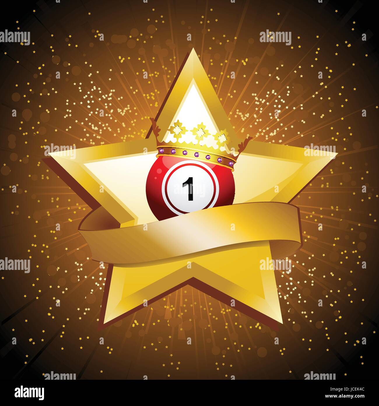 Red Bingo Lottery Numéro 1 balle avec couronne sur Golden Star avec ouverture vierge sur Golden Star Burst Background Illustration de Vecteur