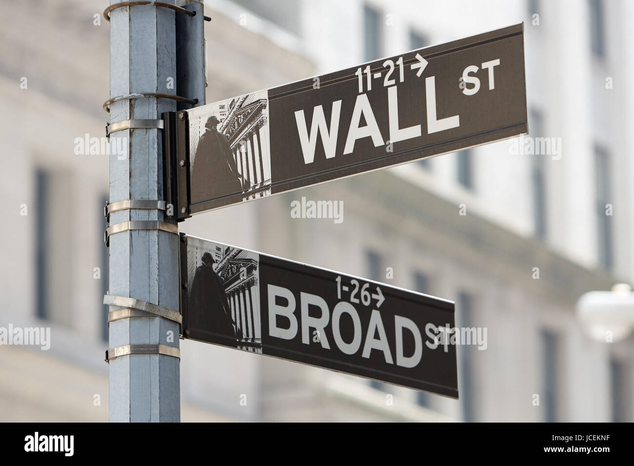 Wall Street et Broad Street corner panneau près de la Bourse, quartier financier de New York en une journée ensoleillée Banque D'Images