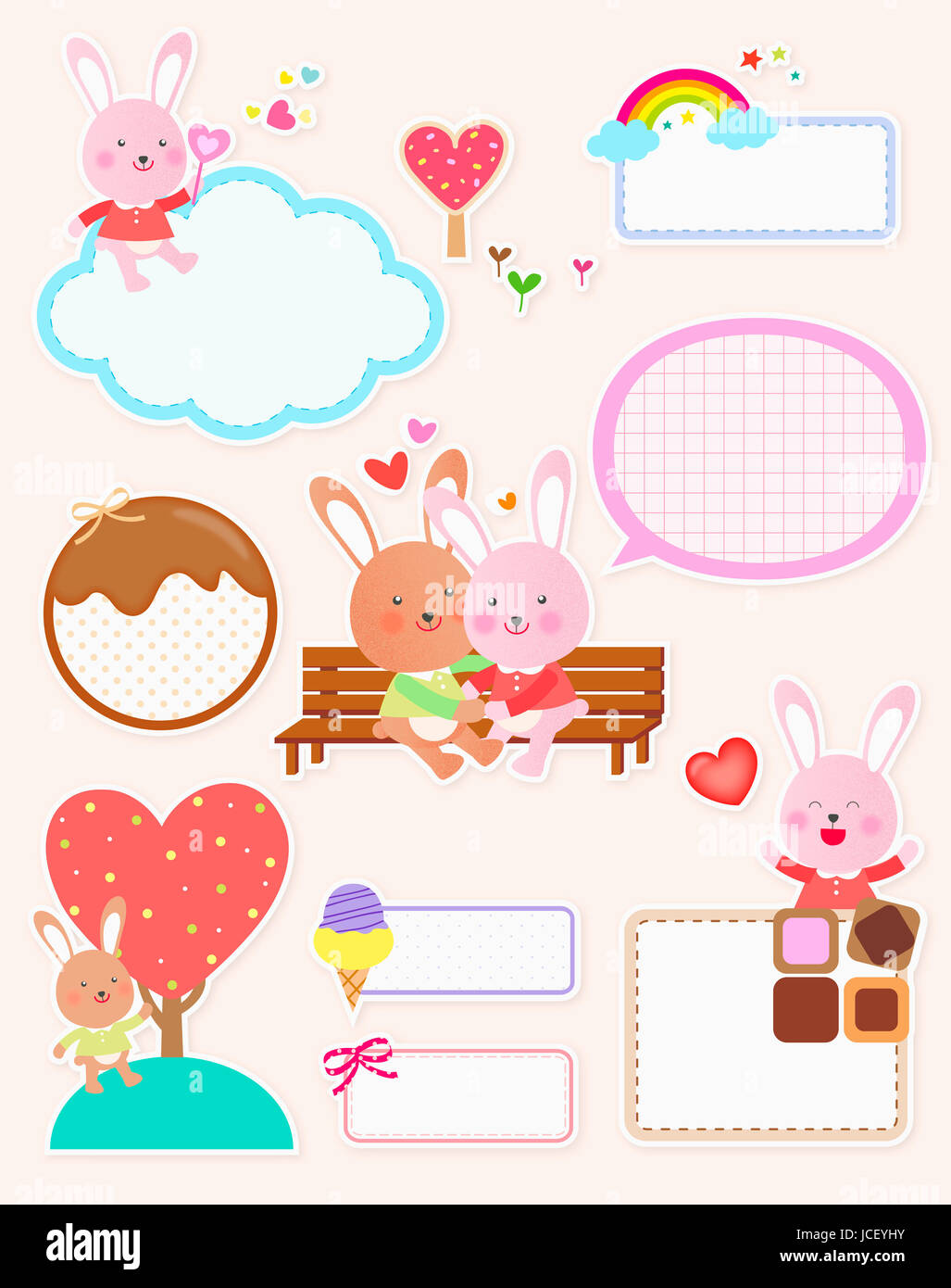 Divers autocollants mignons de lapins, cloud et les cœurs Banque D'Images