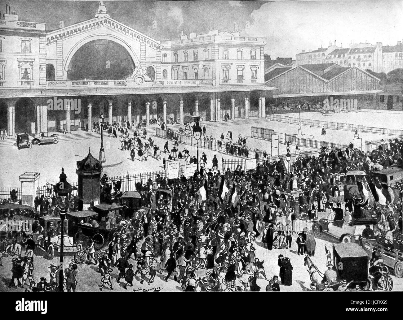 Dessin de la Gare de l'Est à Paris pendant la Première Guerre mondiale. Banque D'Images