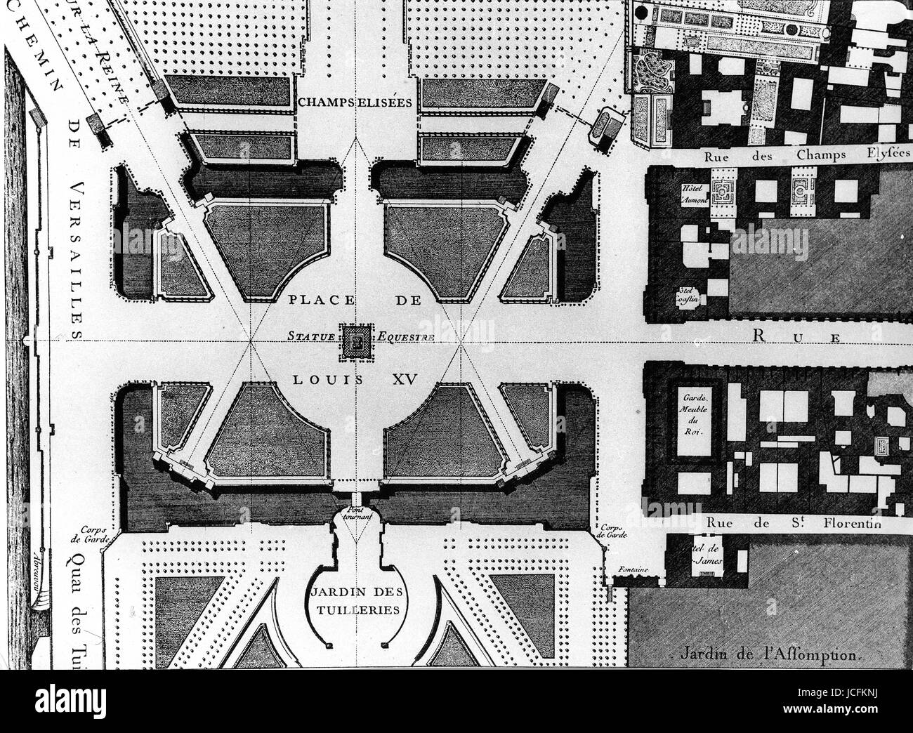 Plan de la place Louis XV à Paris et ses quartiers la gravure du 18ème siècle Banque D'Images