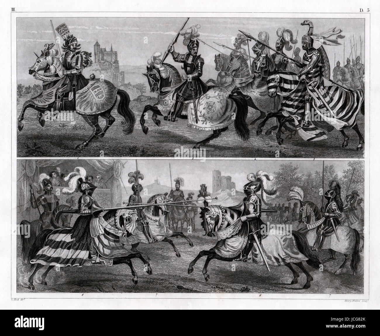 1843 Les photos imprimer des chevaliers en armure à cheval en compétition dans un tournoi de joutes européennes. Banque D'Images