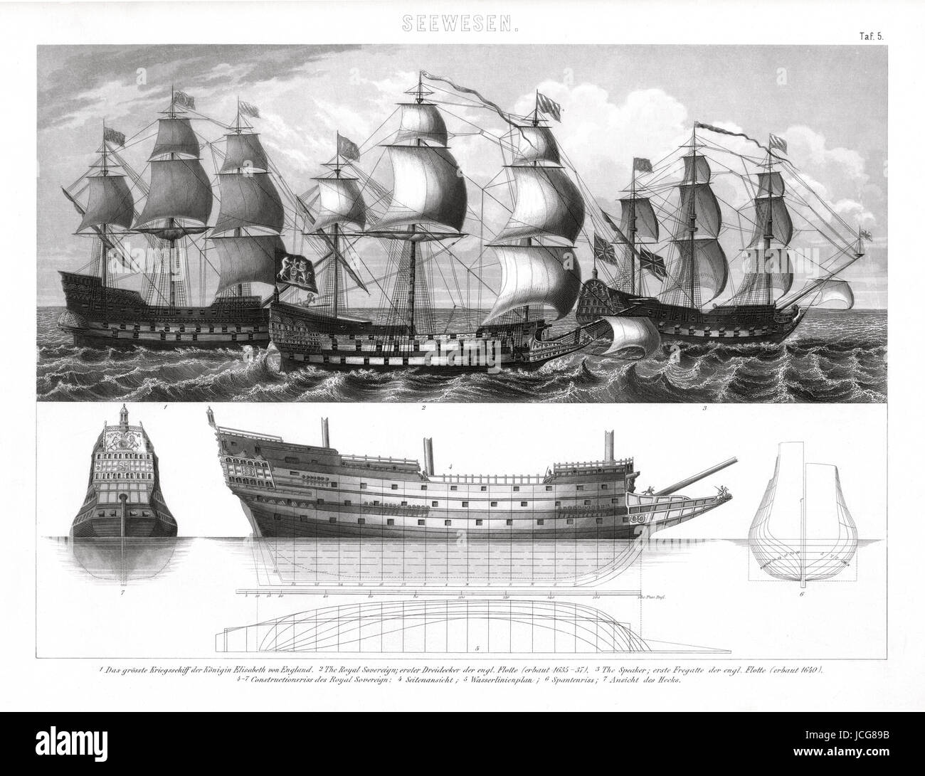 1874 imprimer les photos des plus grands navires de la marine anglaise à l'époque de la reine Elizabeth I, y compris la première frégate et les trois premiers étages. Banque D'Images