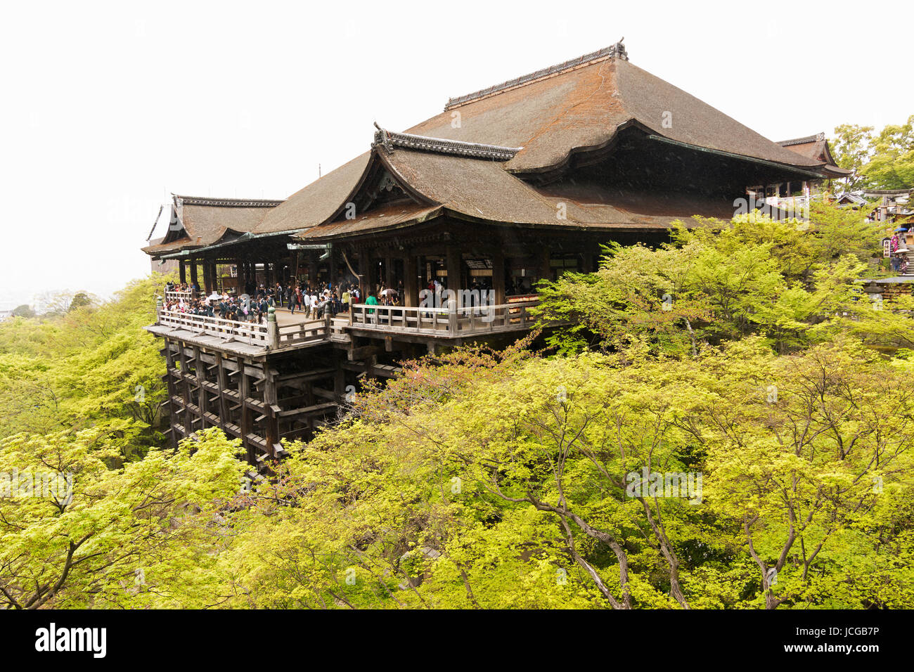 KYOTO, JAPON - 21 avril : célèbre big plate-forme en bois au Temple Kiyomizu-dera avec arbres verts à Kyoto, Japon, le 21 avril 2014. Banque D'Images