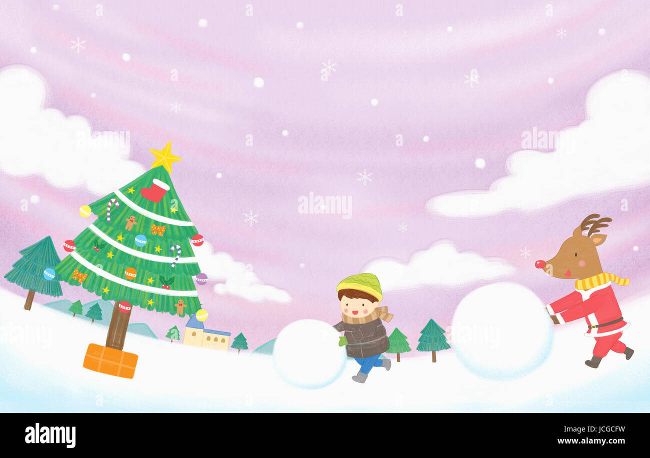 Smiling boy et le renne de Noël Boules roulant sur l'illustration Banque D'Images