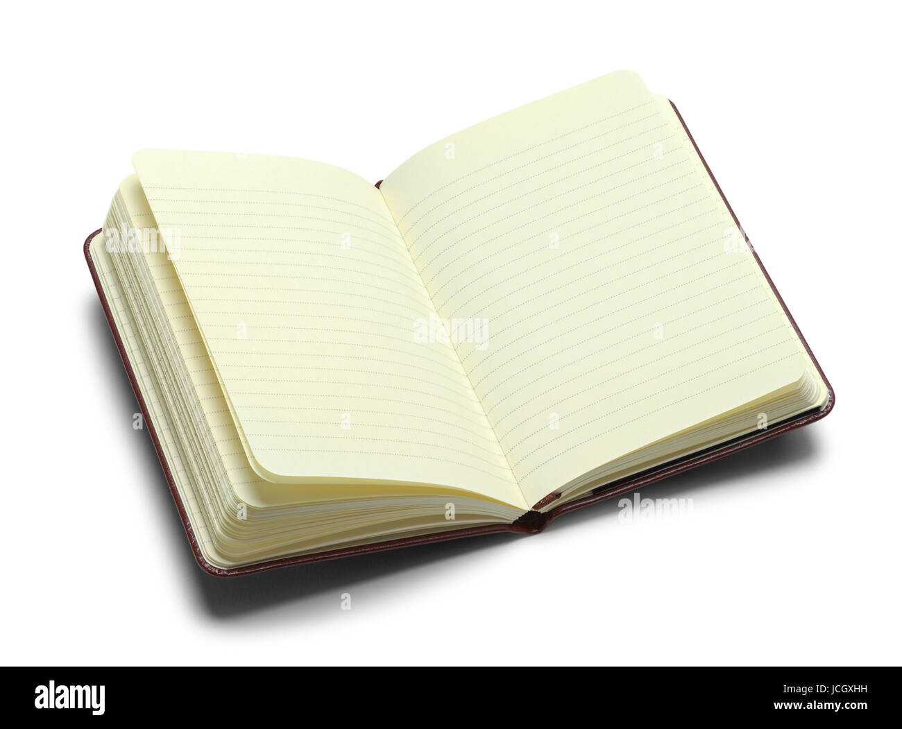 Ouvrir le Journal de cuir brun isolé sur fond blanc. Banque D'Images