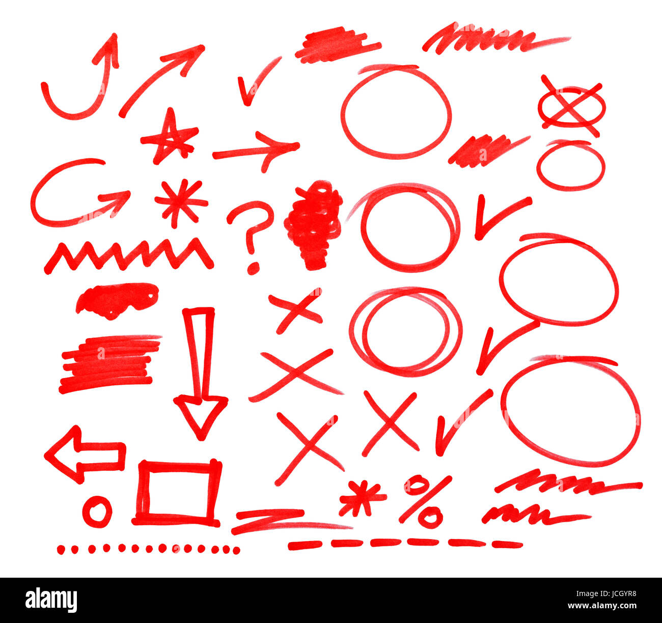 Symboles de marqueur rouge isolé sur fond blanc. Banque D'Images