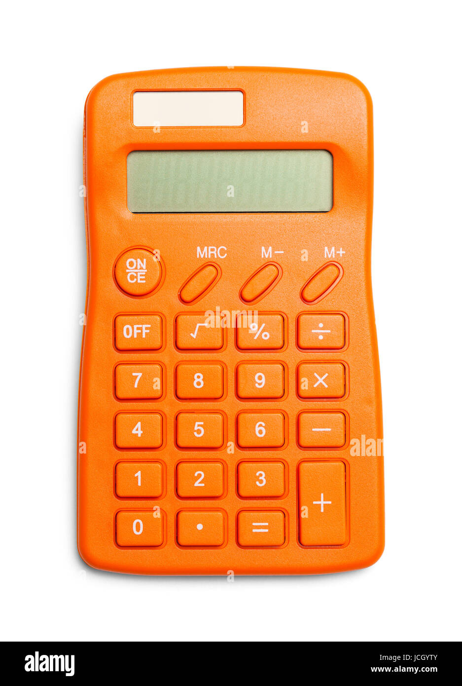 Vue de dessus de la calculatrice Orange isolé sur fond blanc. Banque D'Images