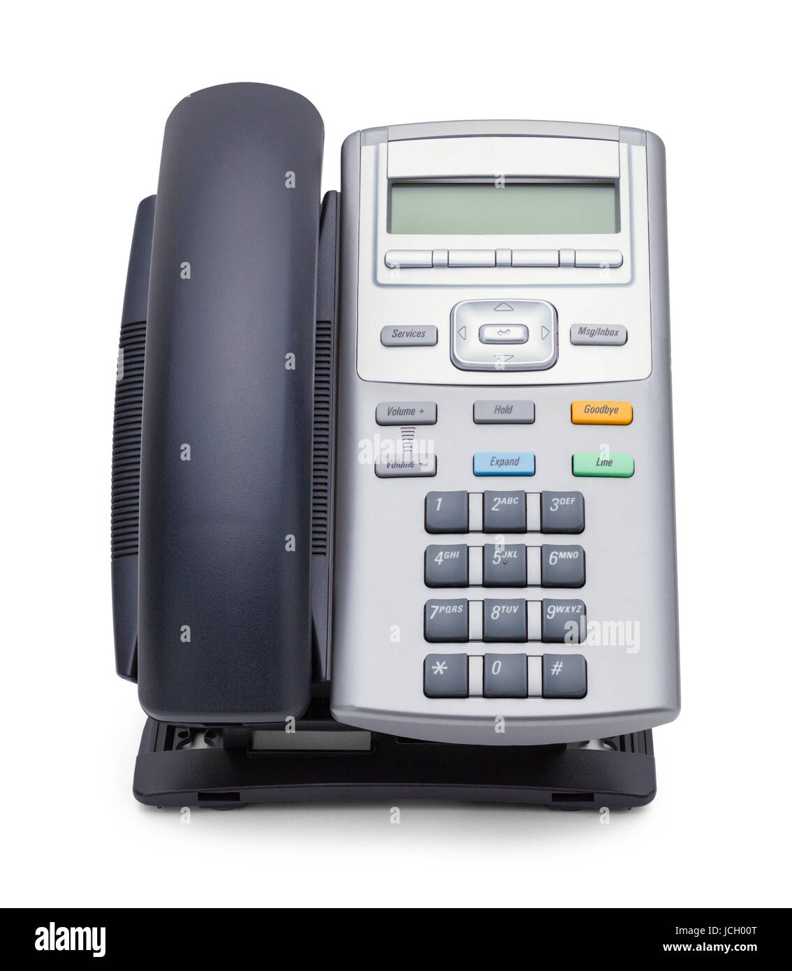 Téléphone de bureau noir et gris Vue avant isolé sur fond blanc. Banque D'Images