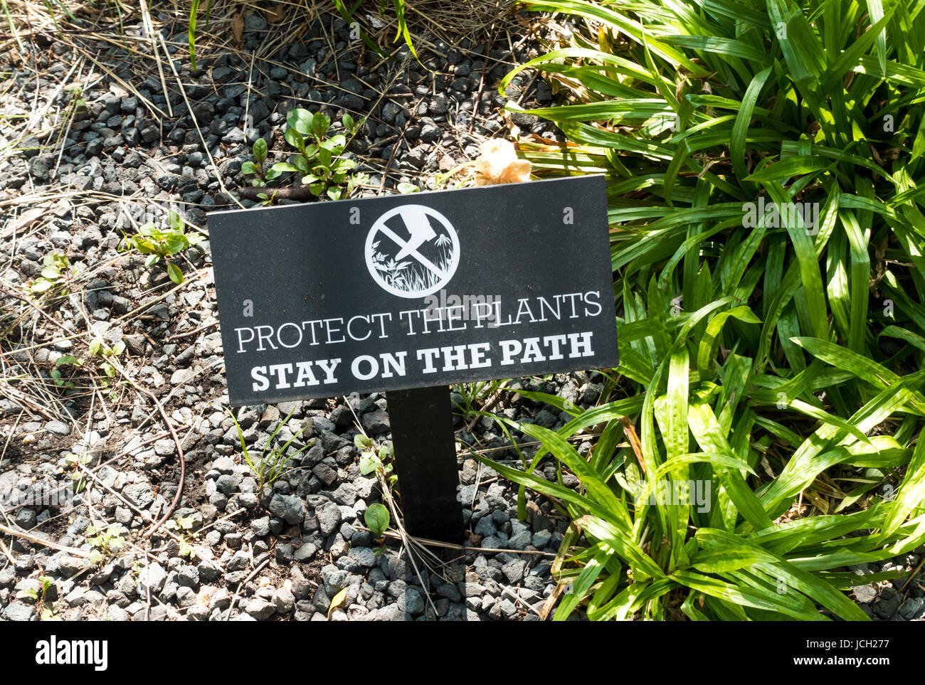 Un signe avec un avertissement imprimé et demande pour protéger les plantes et restez sur le chemin dans le le parc High Line à New York City Banque D'Images