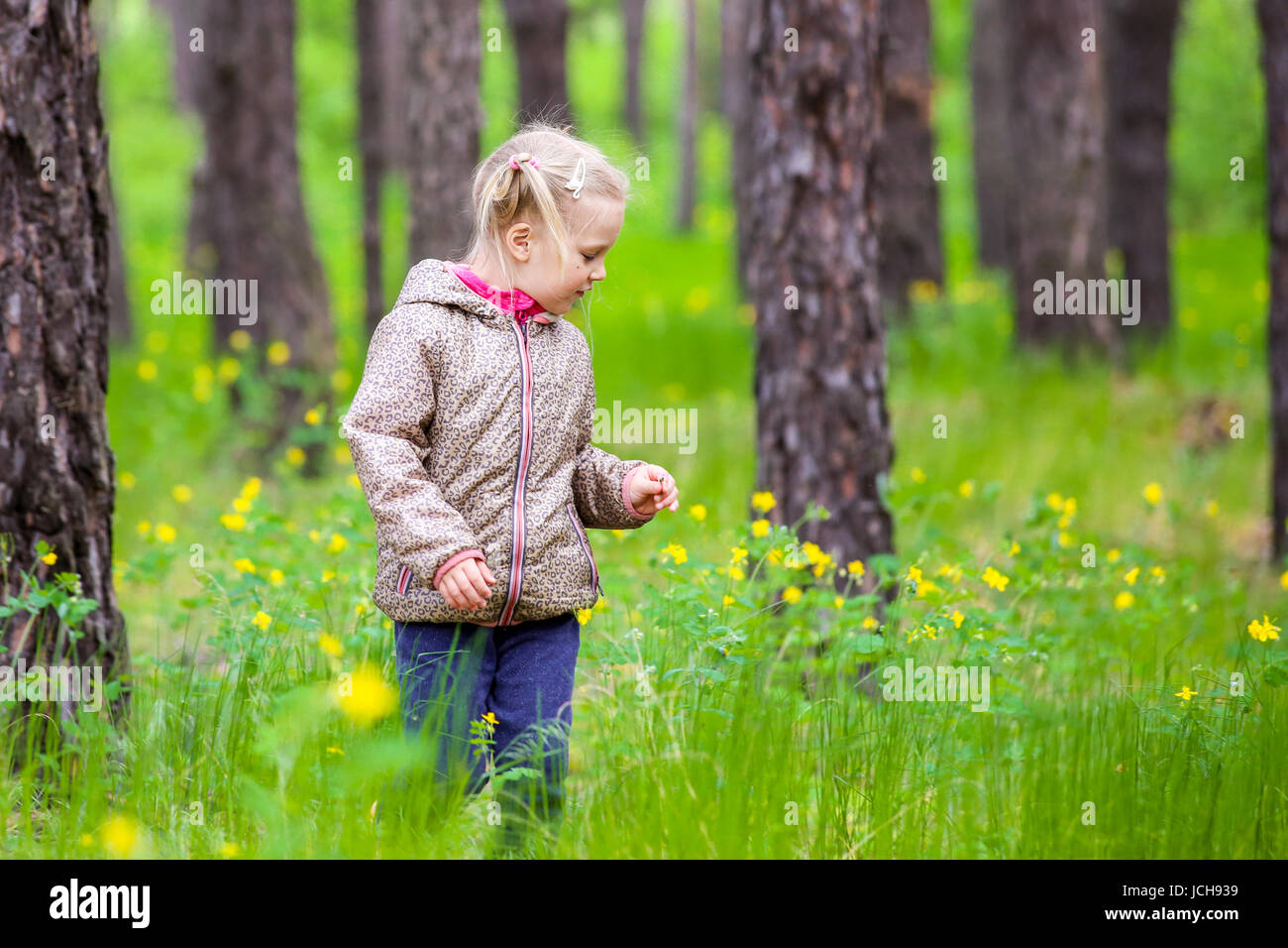 Jolie petite fille blonde marche dans une forêt sauvage entre arbres et fleurs Banque D'Images