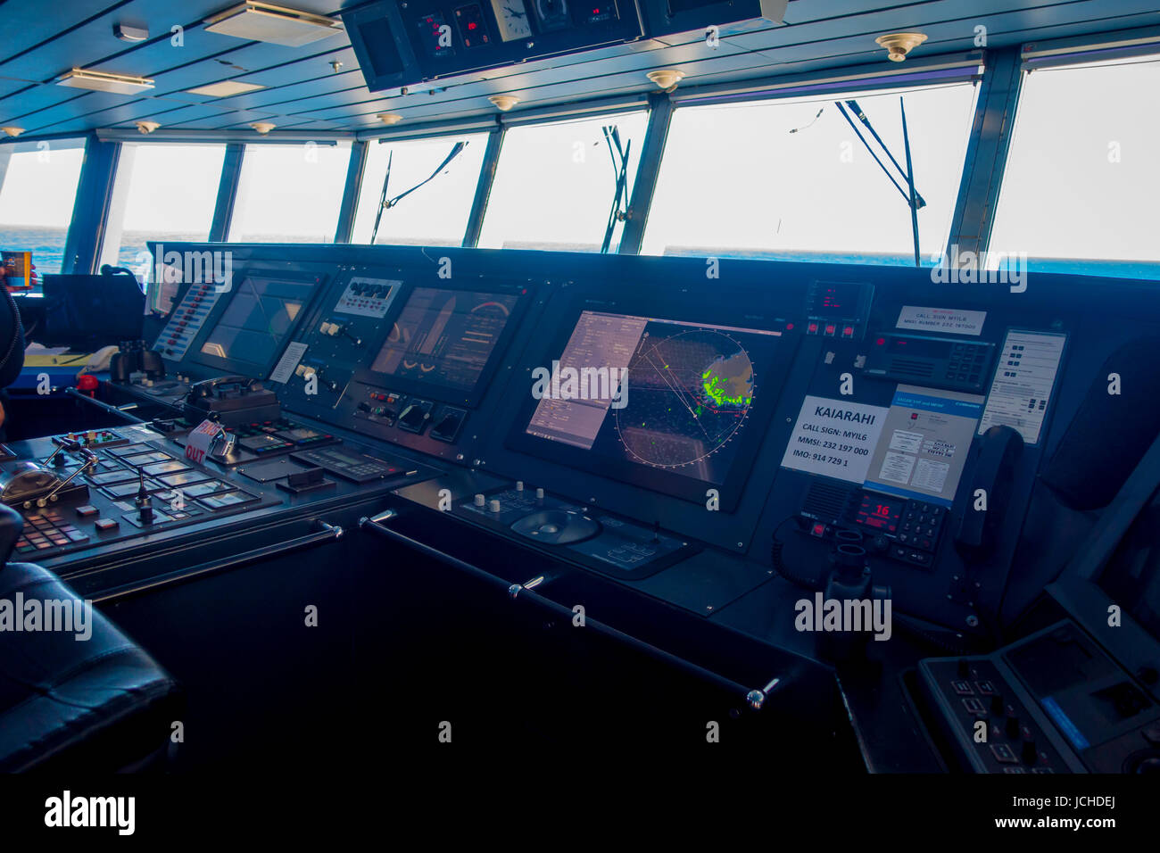 L'ÎLE DU SUD, Nouvelle-zélande - 25 MAI 2017 : Intéressant, ferry boat, cabine de commande pilote en Nouvelle-Zélande. Banque D'Images