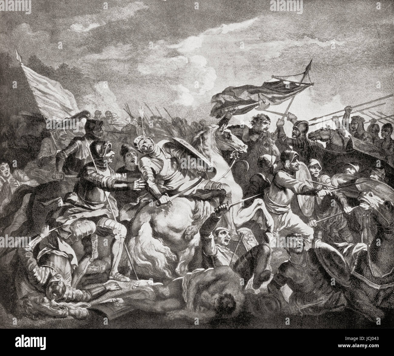 La bataille de Hastings, 1066, opposant le Norman-French armée de William, le duc de Normandie, et une armée anglaise sous le Roi anglo-saxon Harold Baar "Chez Boultan & Fils". L'histoire de Hutchinson de l'ONU, publié en 1915. Banque D'Images